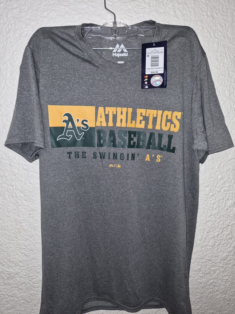 Majestic Gray Oakland A's Athletics Baseball Logo Tee with Yellow & Green Print